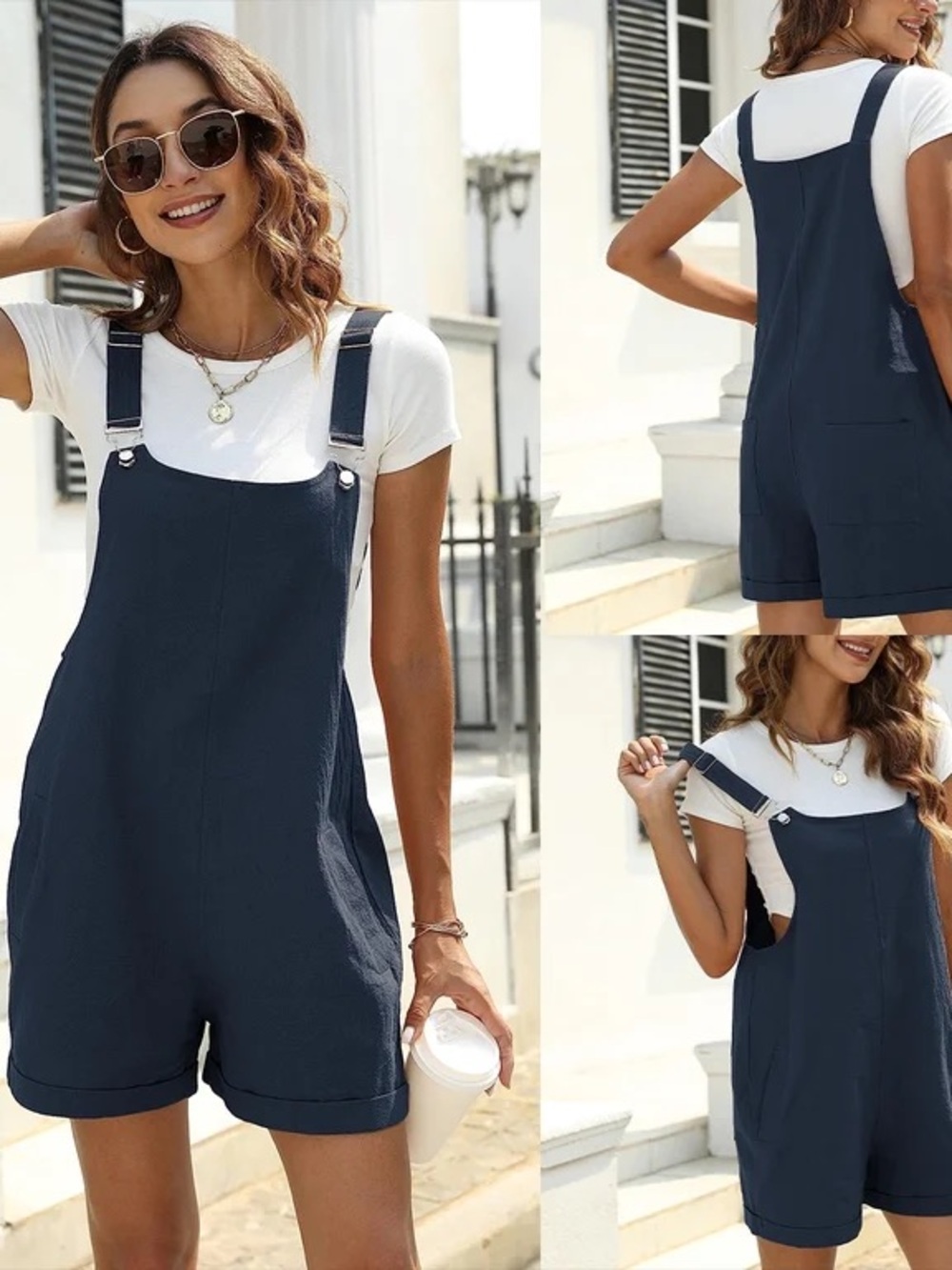 Summer Cotton Linen Short Overalls Casual Bib Shortalls Rompers with Pockets (M) - Picture 8 of 8